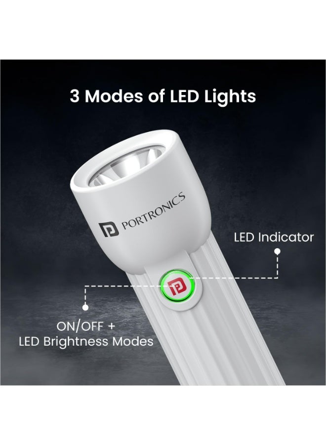 بورترونيكس Portronics Eco Glow Mini LED Torch Light with USB Rechargeable Battery, Compact Size Flashlight, Dual-Brightness Levels, SOS Emergency Light Mode, for Home, Outdoor, Camping, Travel (White) - Image 2